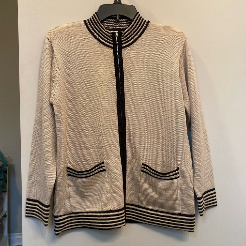 Beige Cardigan with Black Stripes